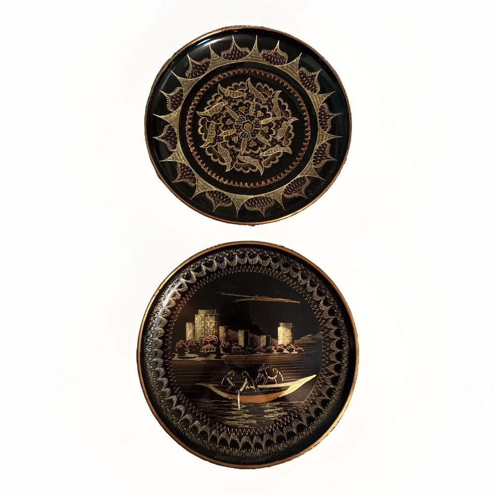 Vintage Mid-century Middle Eastern Turkish Boat Etched Copper Plate Set Of 2